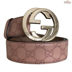 Authentic Gucci Pink Guccissima Leather Gold Interlocking G Buckle Belt 90/36